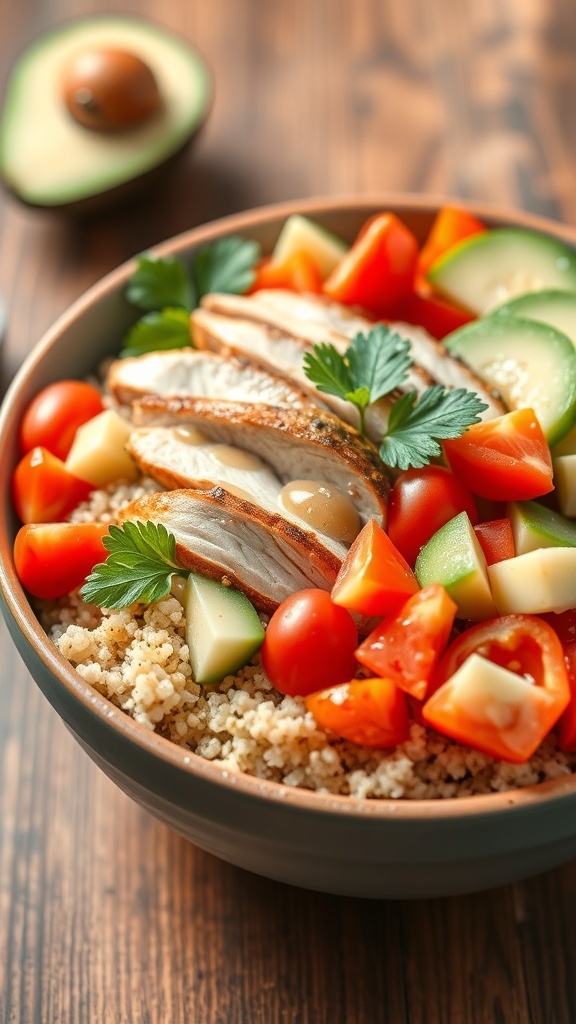 Quinoa Chicken Salad Bowl Recipe A colorful quinoa chicken salad bowl with grilled chicken, cherry tomatoes, cucumber, bell pepper, and avocado on a rustic table.